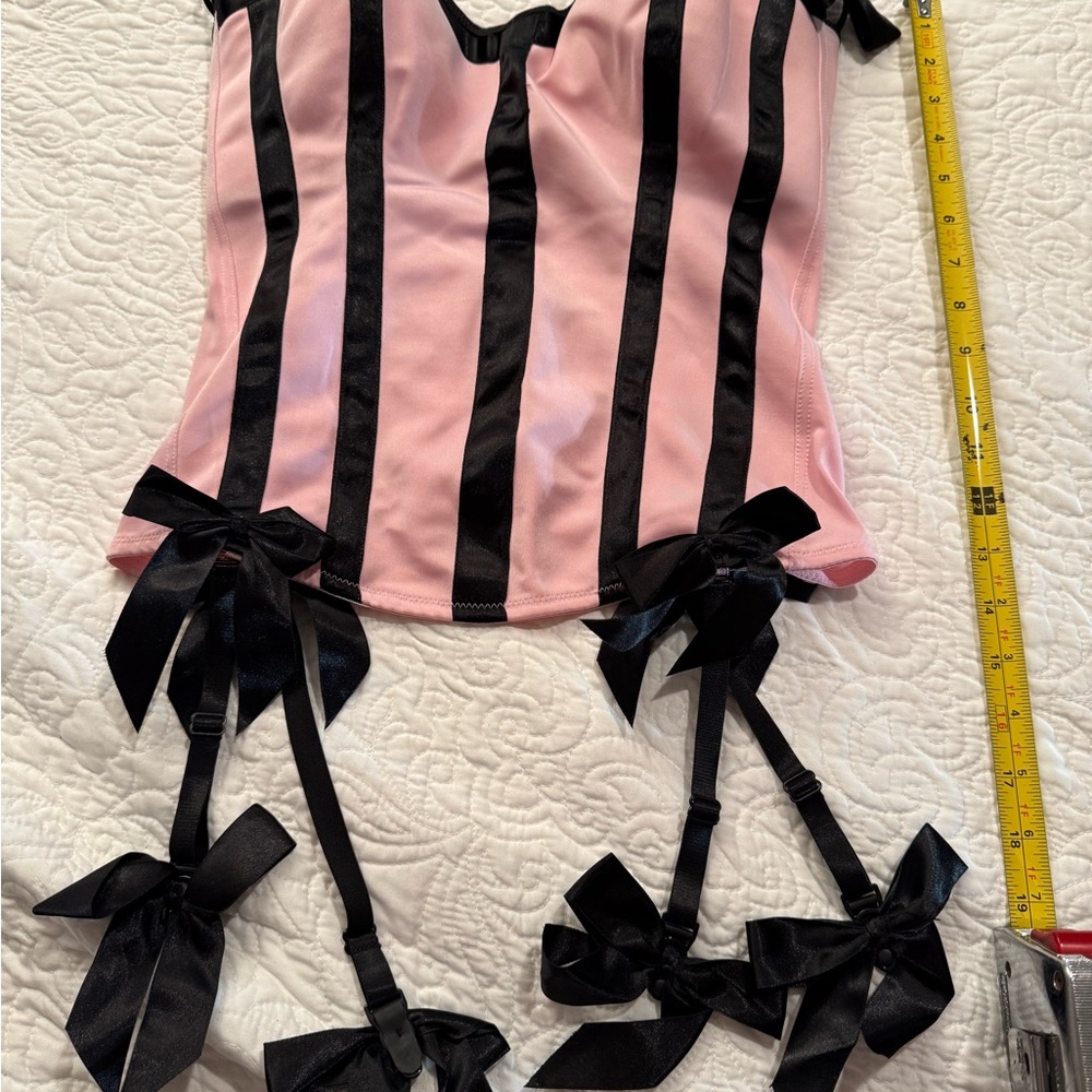 Elegant Pink and Black Striped Bodysuit with Bows